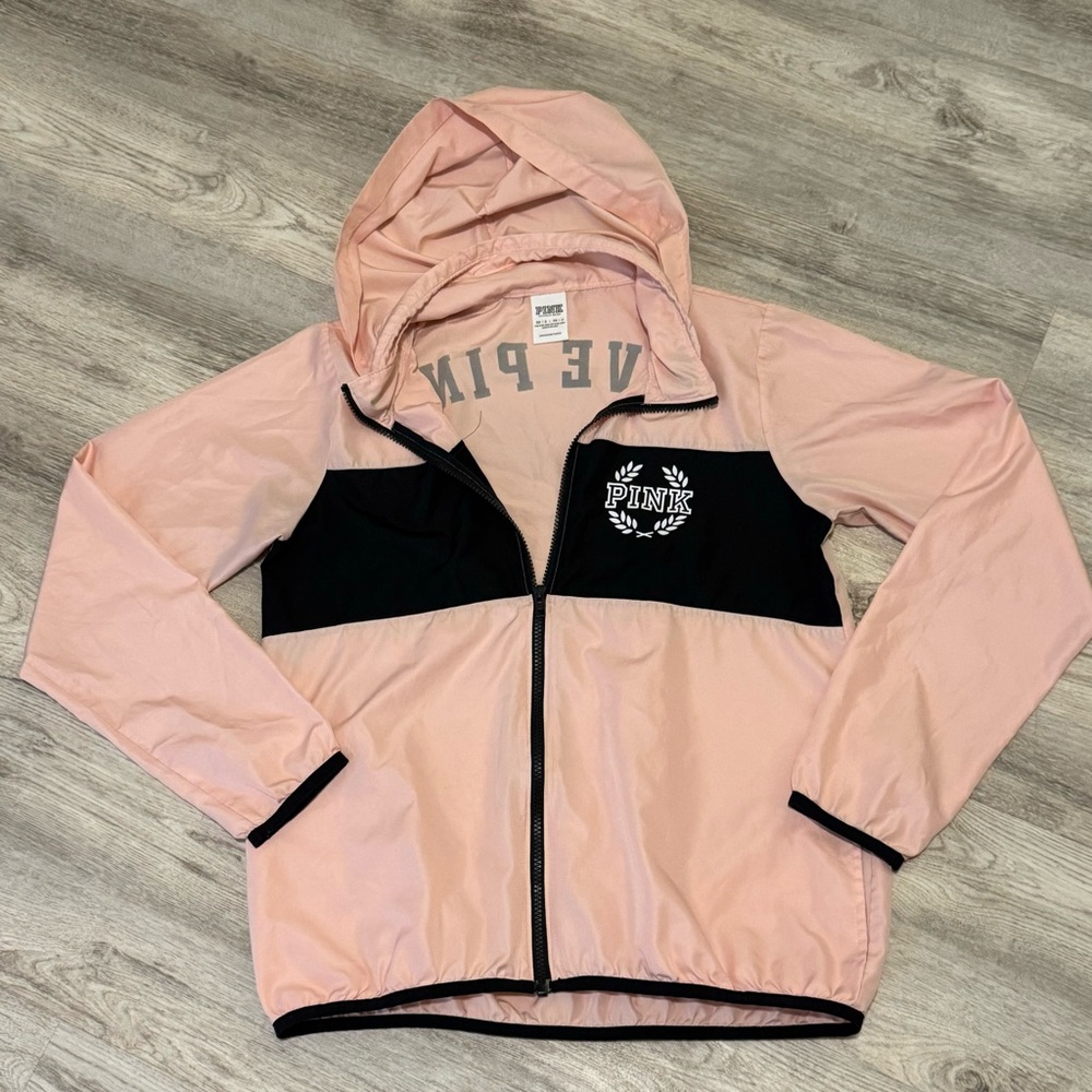 Pink Victorias Secret Pink And Black Hooded Anorak Windbreaker Jacket Size XS/S - Picture 3 of 5